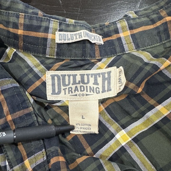 Duluth Trading Large Green Plaid Untucked Button Up Large Cotton Spandex Slim - Picture 6 of 8